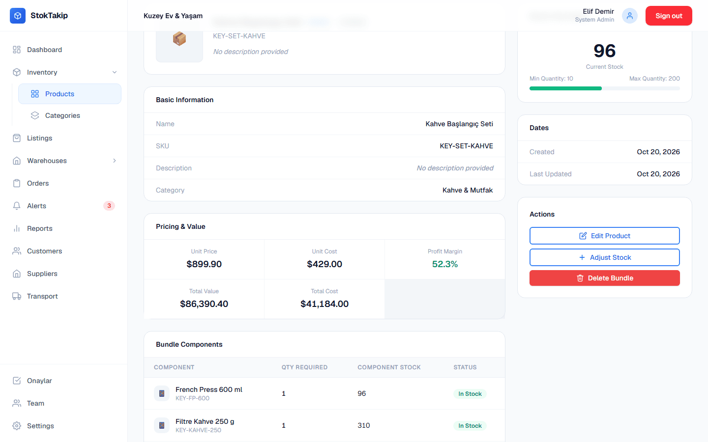 Coffee starter bundle with stock calculated from its components and the component table